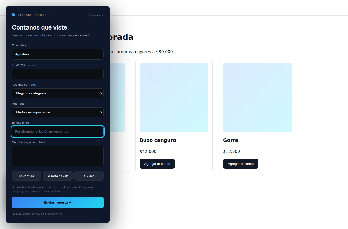 El widget de Feedback sobre una tienda